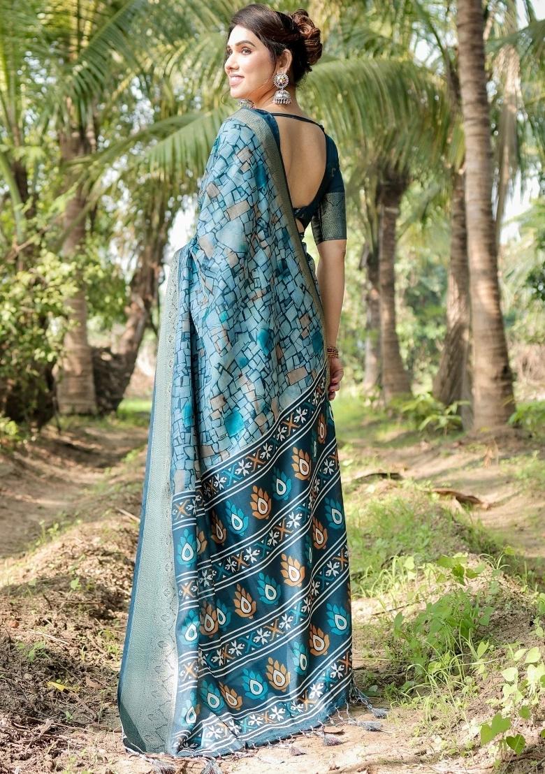 Blue Floral Tussar Saree Set
