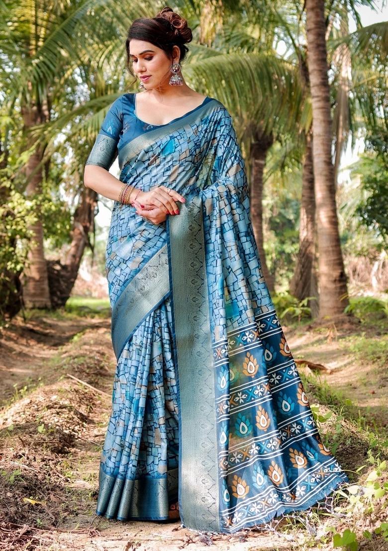 Blue Floral Tussar Saree Set