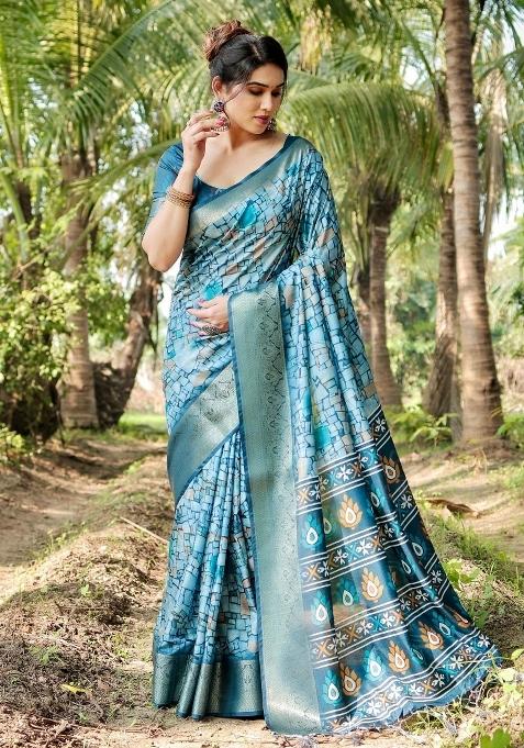 Blue Floral Tussar Saree Set