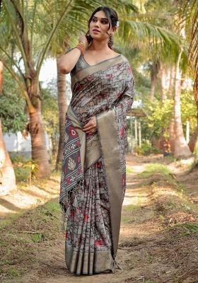 Grey Floral Tussar Saree Set