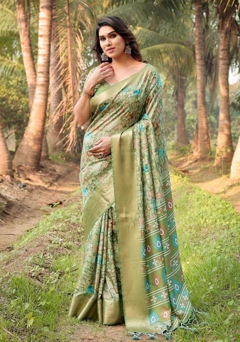 Multicolor Floral Tussar Saree Set