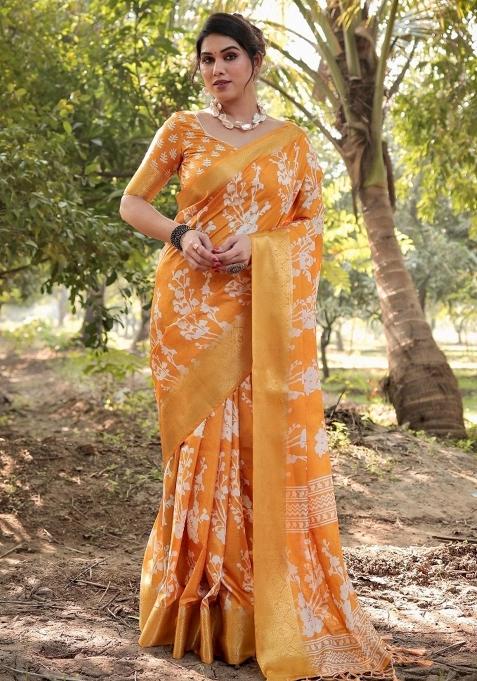 Yellow Floral Tussar Saree Set