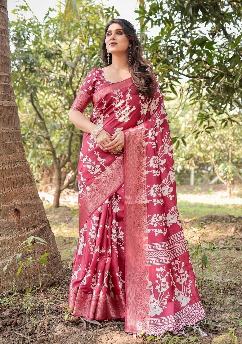 Maroon Floral Tussar Saree Set