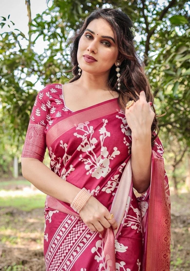 Maroon Floral Tussar Saree Set