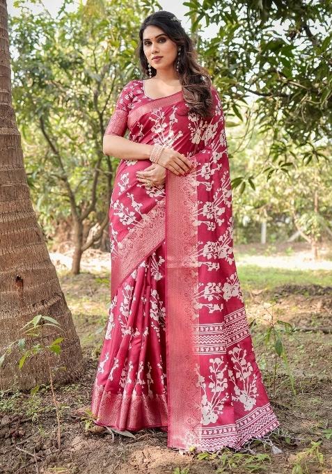 Maroon Floral Tussar Saree Set