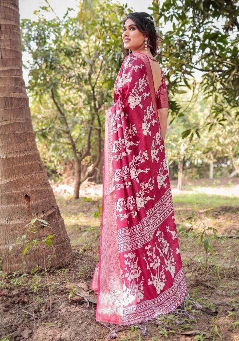 Maroon Floral Tussar Saree Set
