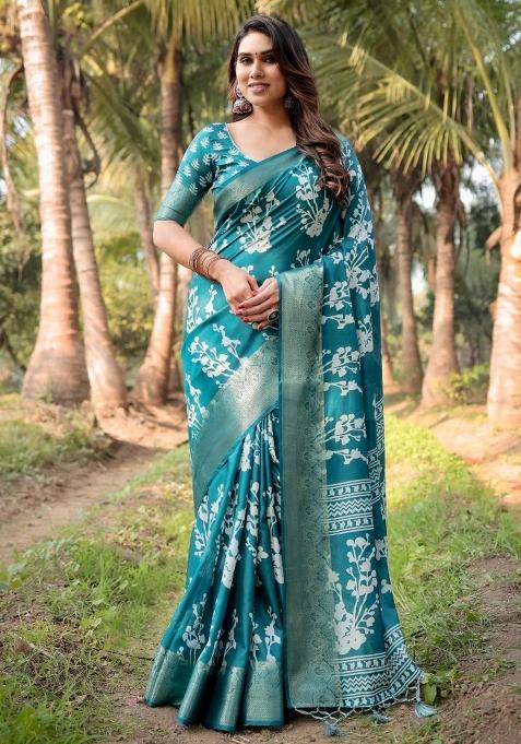 Blue Floral Tussar Saree Set