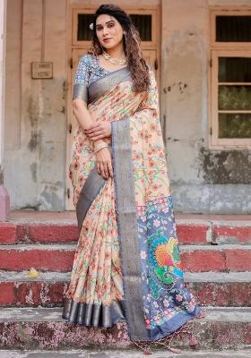 Peach Floral Tussar Saree Set