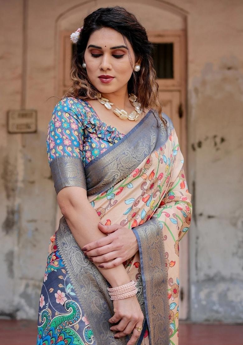 Peach Floral Tussar Saree Set - Indya