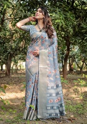 Sky Floral Tussar Saree Set