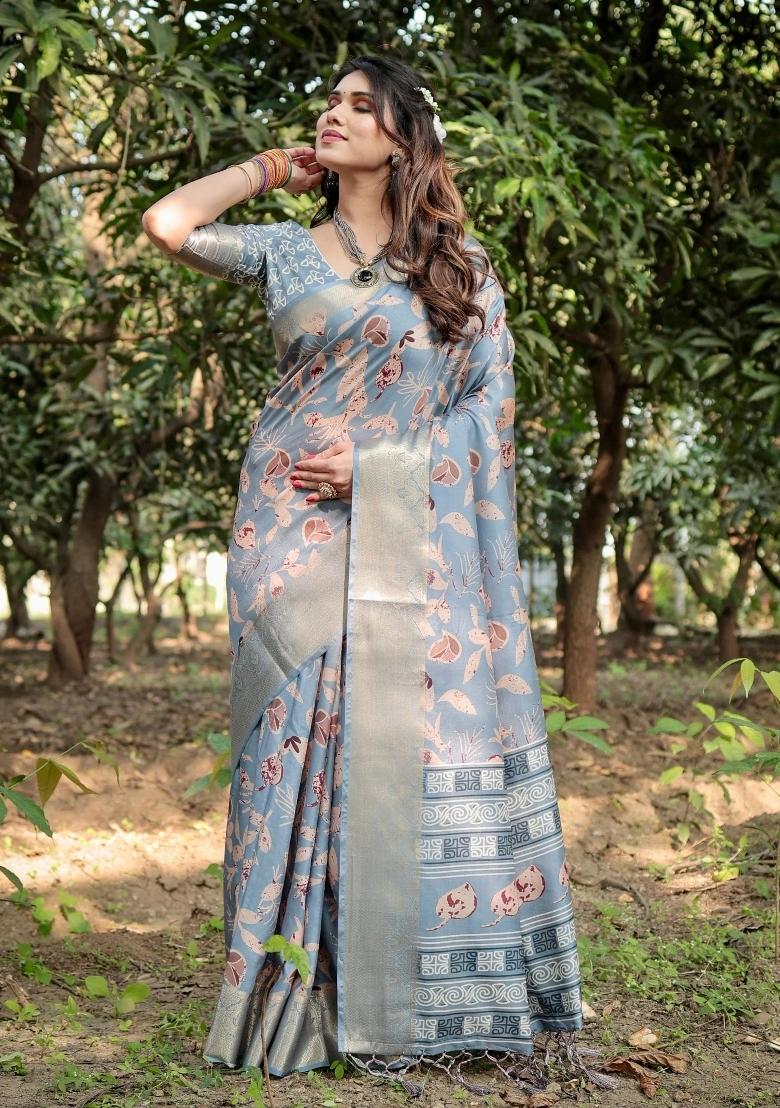Sky Floral Tussar Saree Set
