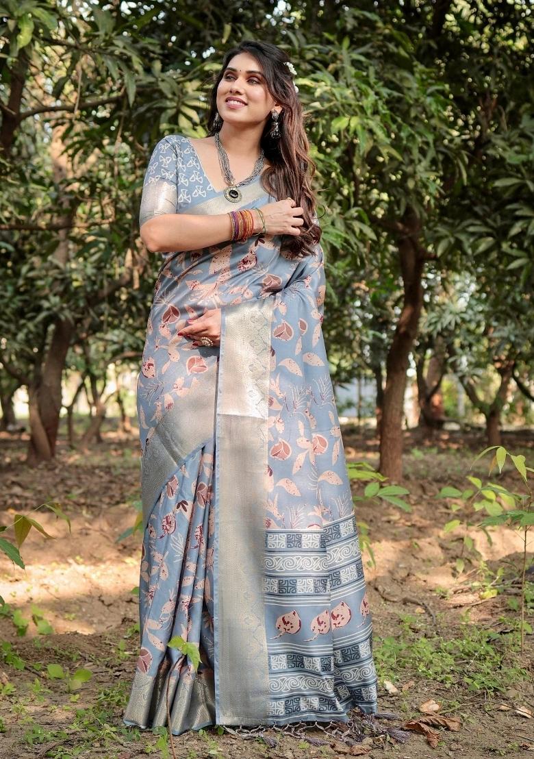 Sky Floral Tussar Saree Set