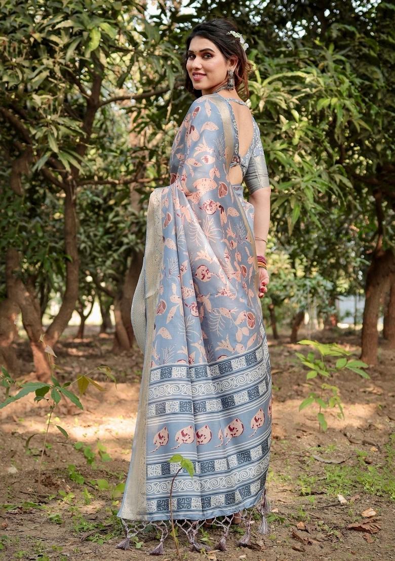 Sky Floral Tussar Saree Set