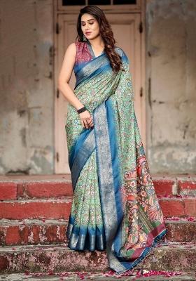 Blue Floral Tussar Saree Set
