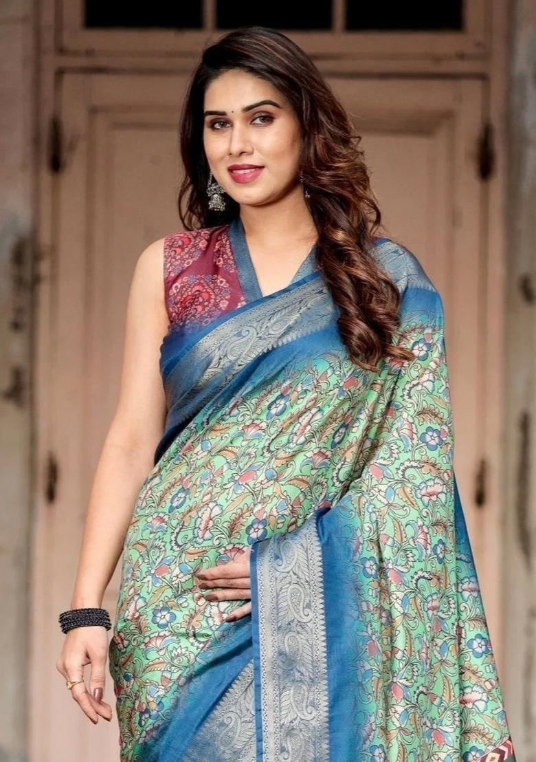 Blue Floral Tussar Saree Set - Indya