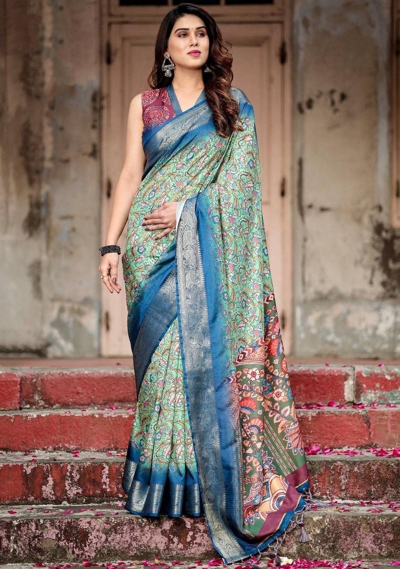 Blue Floral Tussar Saree Set - Indya