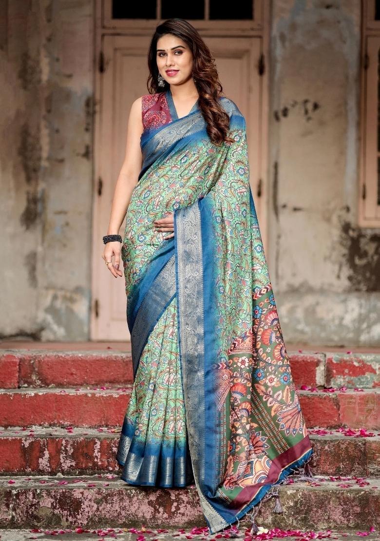 Blue Floral Tussar Saree Set - Indya