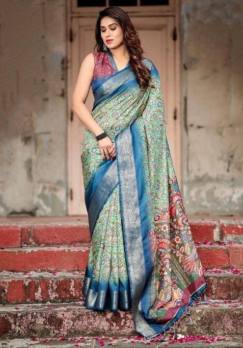 Blue Floral Tussar Saree Set