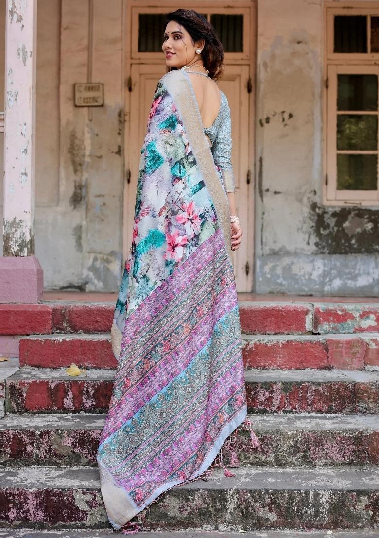 Multicolor Floral Tussar Saree Set