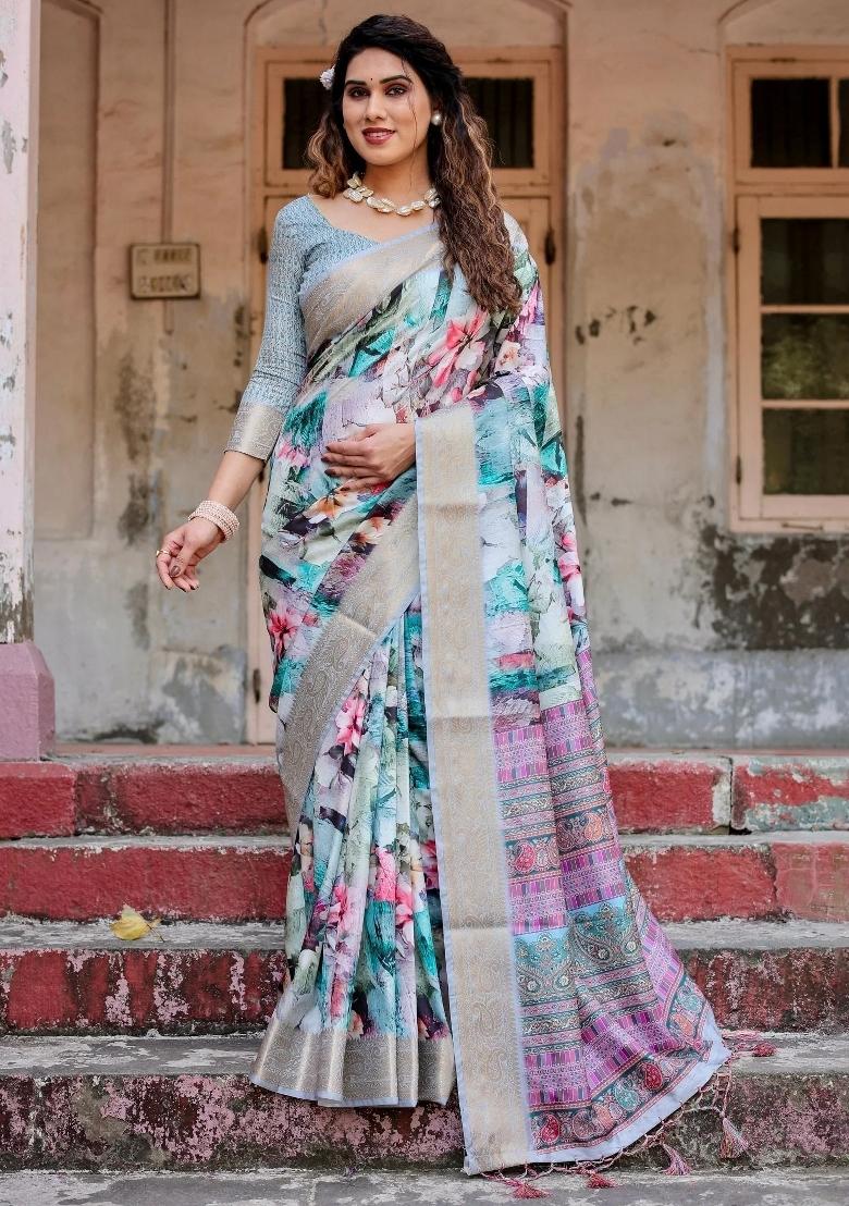 Multicolor Floral Tussar Saree Set
