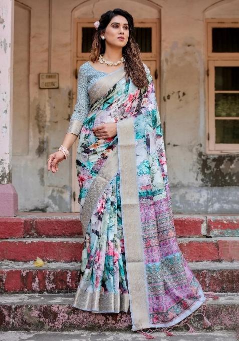 Multicolor Floral Tussar Saree Set