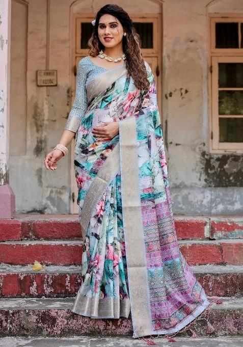 Multicolor Floral Tussar Saree Set