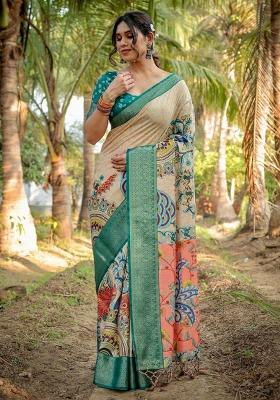 Multicolor Floral Tussar Saree Set