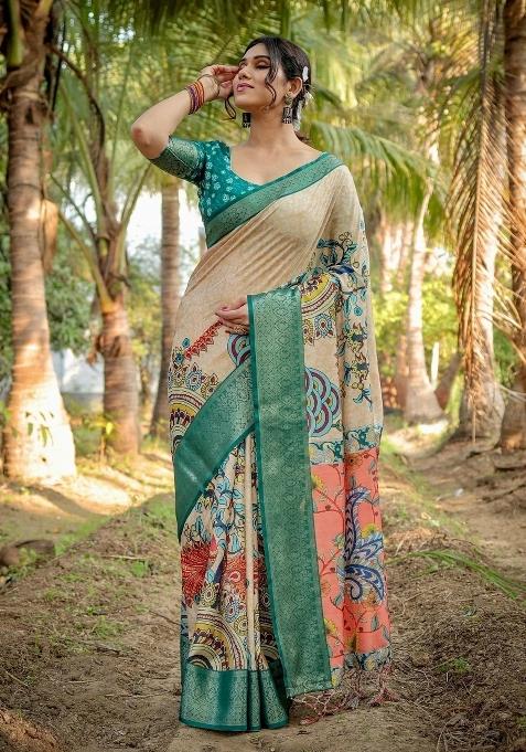 Multicolor Floral Tussar Saree Set