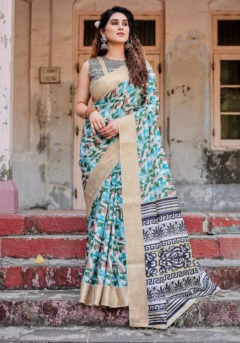 Multicolor Floral Tussar Saree Set