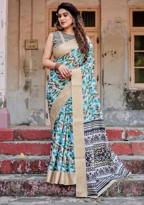 Multicolor Floral Tussar Saree Set