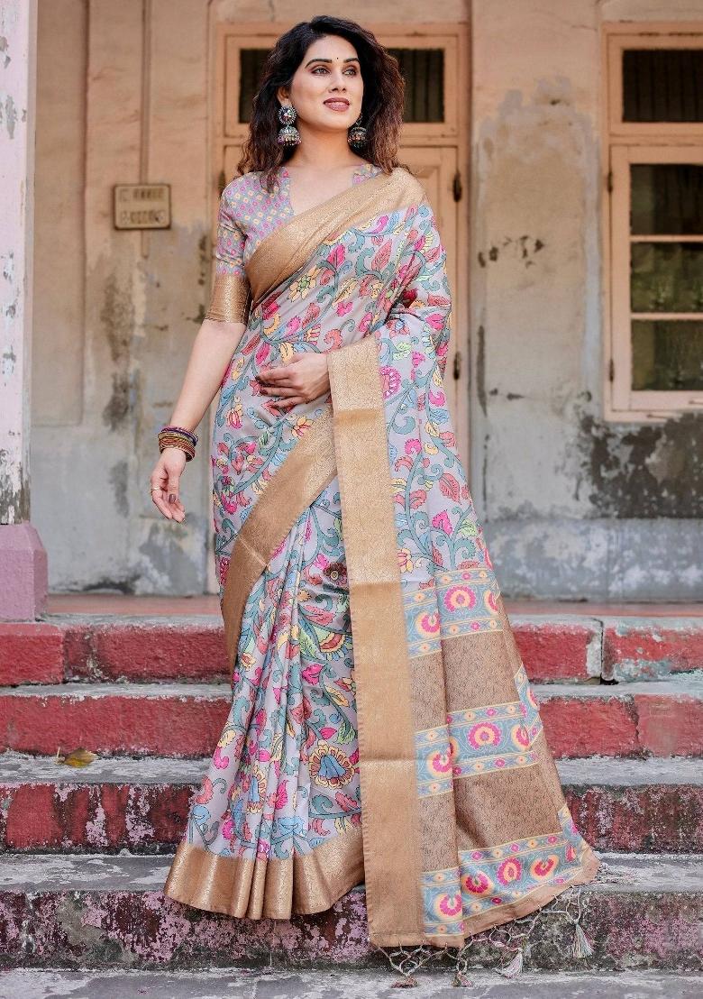 Grey Floral Tussar Saree Set - Indya