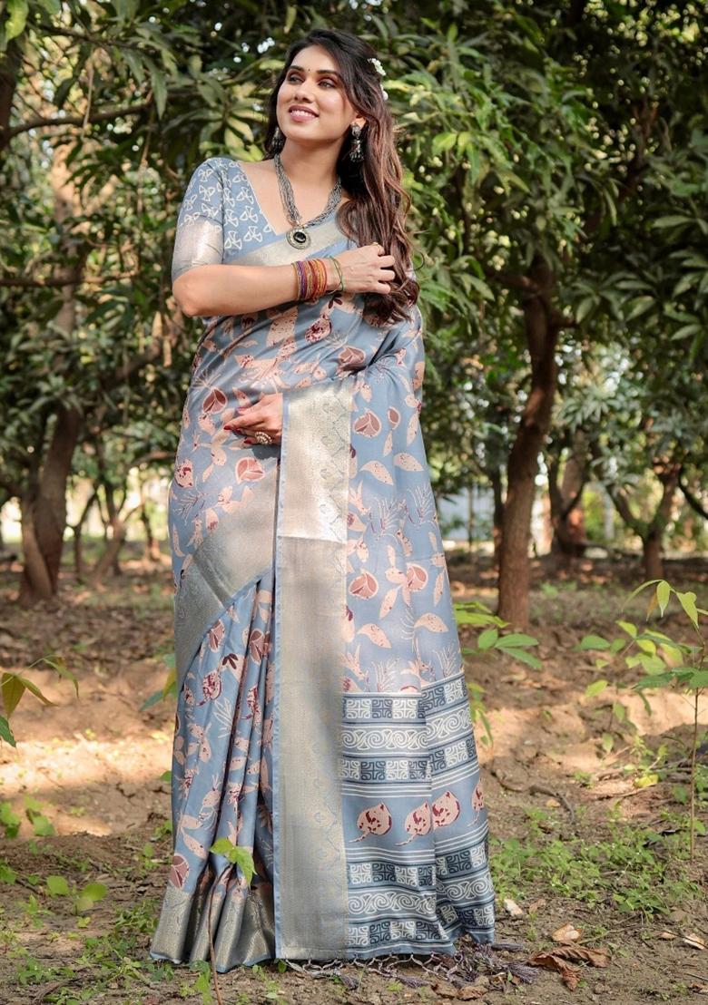 Sky Floral Tussar Saree Set