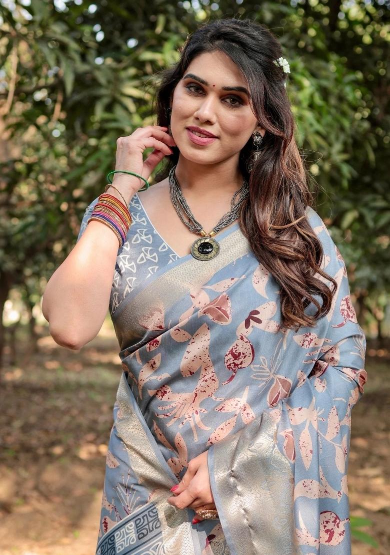 Sky Floral Tussar Saree Set