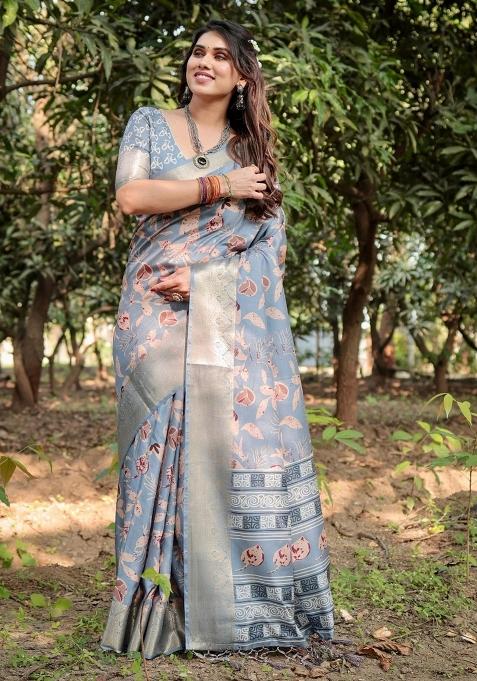 Sky Floral Tussar Saree Set