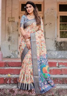 Peach Floral Tussar Saree Set