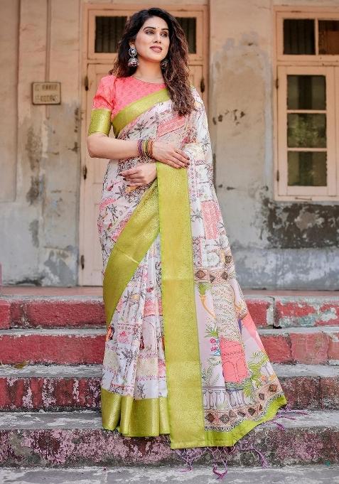Pastel Floral Tussar Saree Set