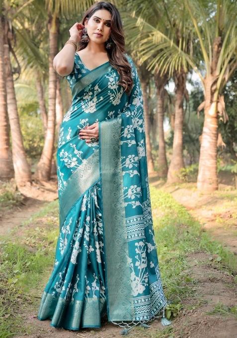 Blue Floral Tussar Saree Set