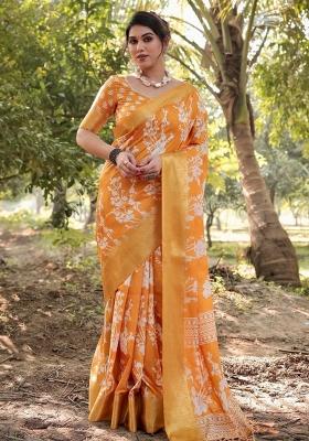 Yellow Floral Tussar Saree Set