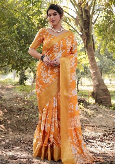 Yellow Floral Tussar Saree Set