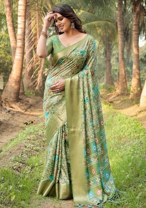 Multicolor Floral Tussar Saree Set