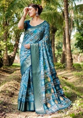 Blue Floral Tussar Saree Set