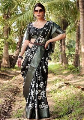 Black Floral Tussar Saree Set