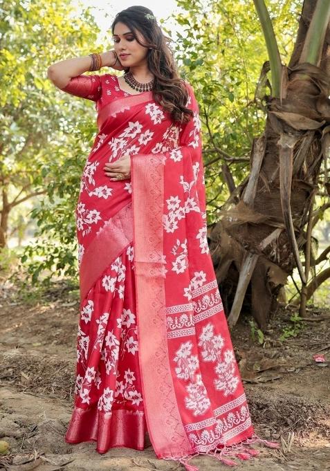 Red Floral Tussar Saree Set