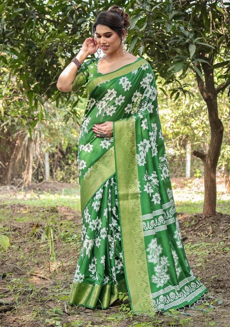 Green Floral Tussar Saree Set