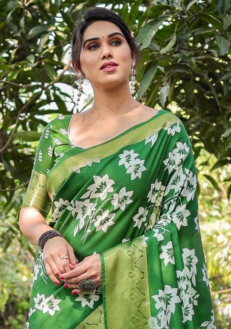 Green Floral Tussar Saree Set