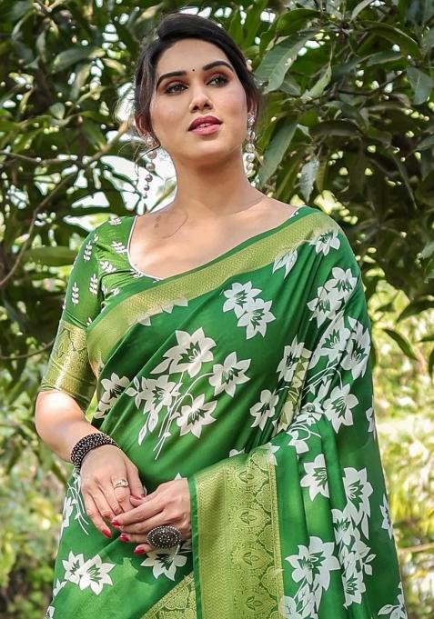 Green Floral Tussar Saree Set