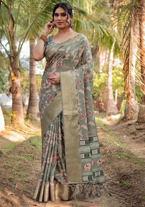 Olive Floral Tussar Saree Set