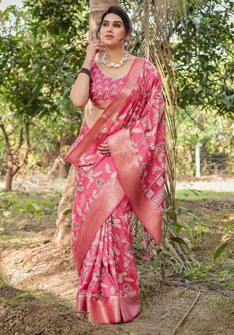 Pink Floral Tussar Saree Set