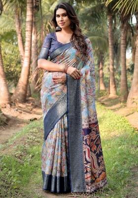 Blue Floral Tussar Saree Set