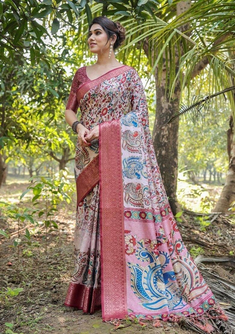 Pink Floral Tussar Saree Set